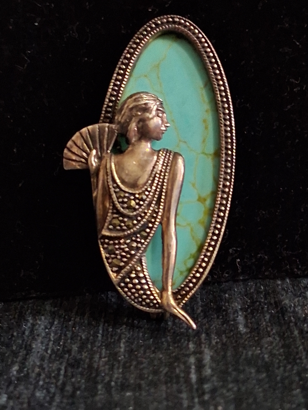 Vintage Art Deco Sterling Silver Turquoise Marcasite Flapper Lady Fan Brooch Pin